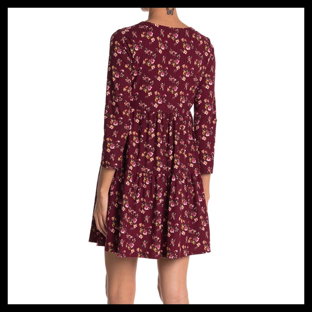 KENEDIK Floral Tiered Ruffle Rib Knit Dress Colors: Wine & Pink - Picture 2 of 7